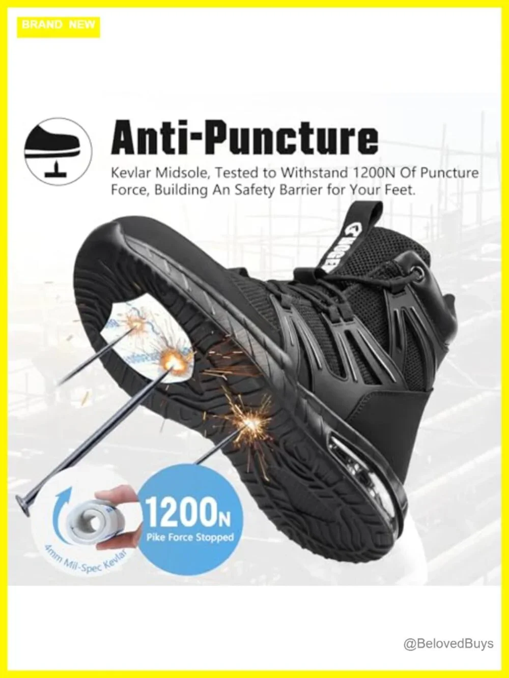 Steel Toe Safety Shoes Puncture Proof Kevlar Midsole Lightweight Work Sneakers
